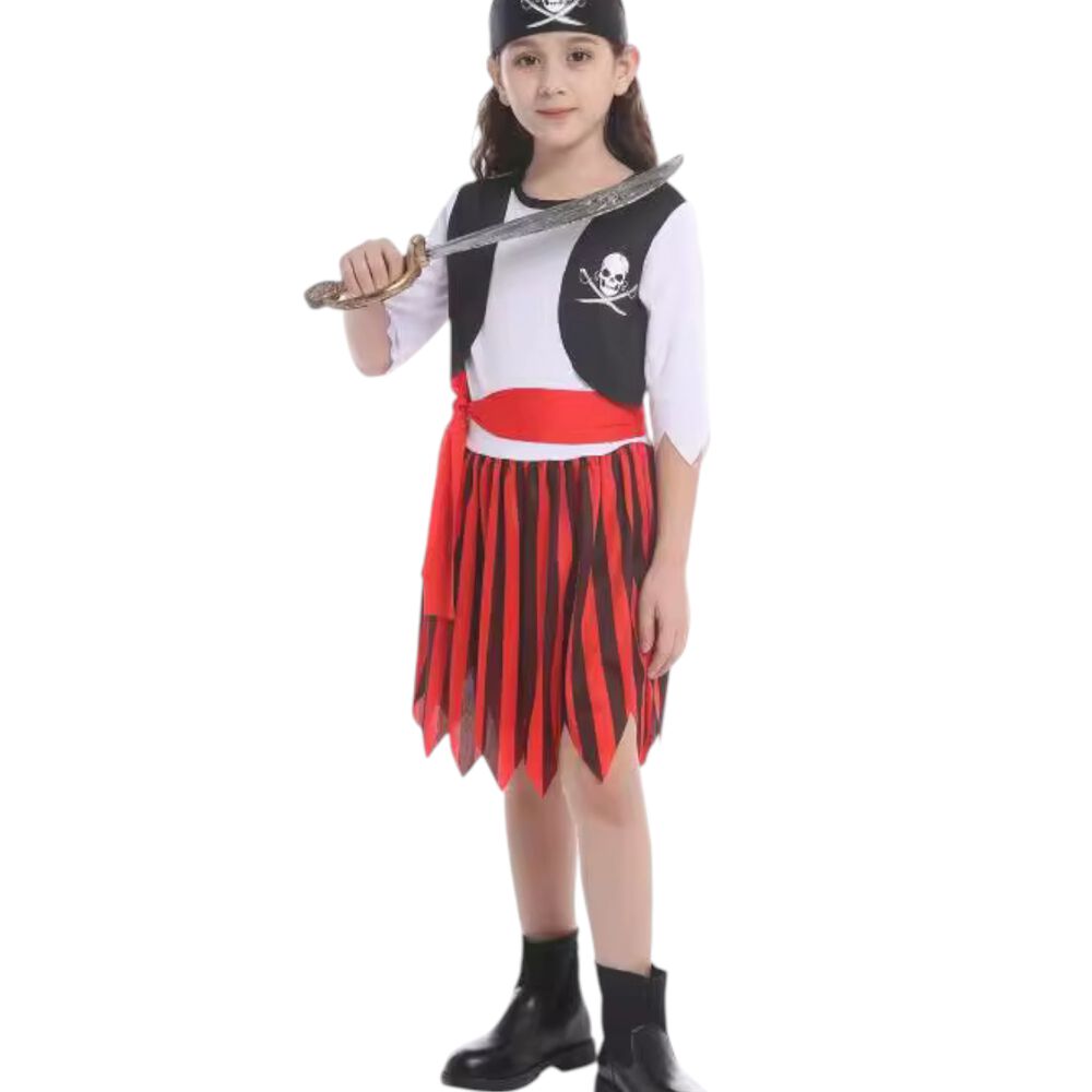 Disfraz Infantil Pirata Para Niña Chile - Traje Completo Con Falda Roja, Blusa Blanca Y Chaleco Negro image number 4.0