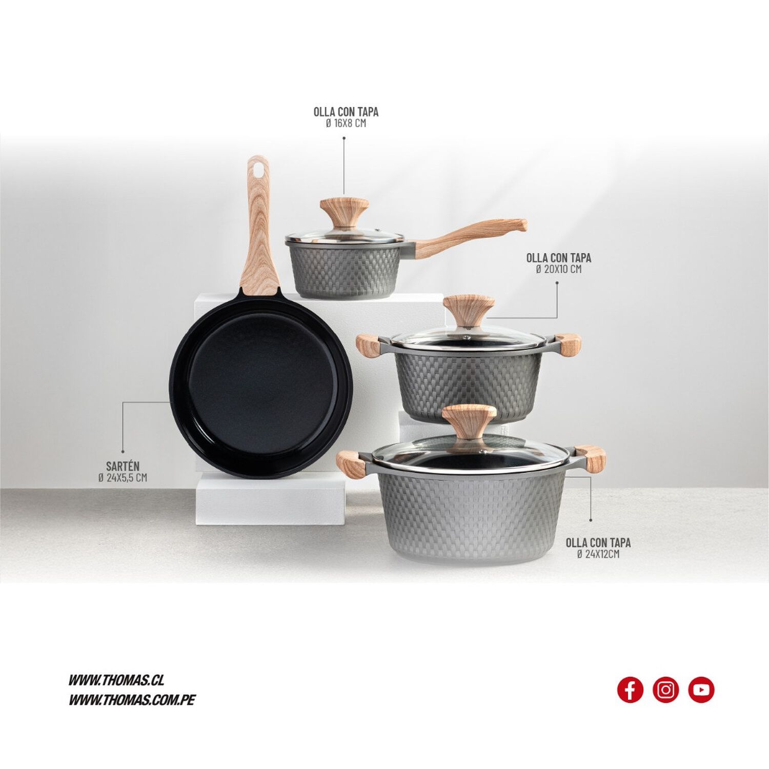 Bater&iacute;a De Cocina Thomas Th Mb07gm 7 Piezas Aluminio Fundido Juego Set De Ollas Y Sart&eacute;n Antiadherente Cer&aacute;mico Efecto M&aacute;rmol Mangos Apto Inducci&oacute;n image number 6.0