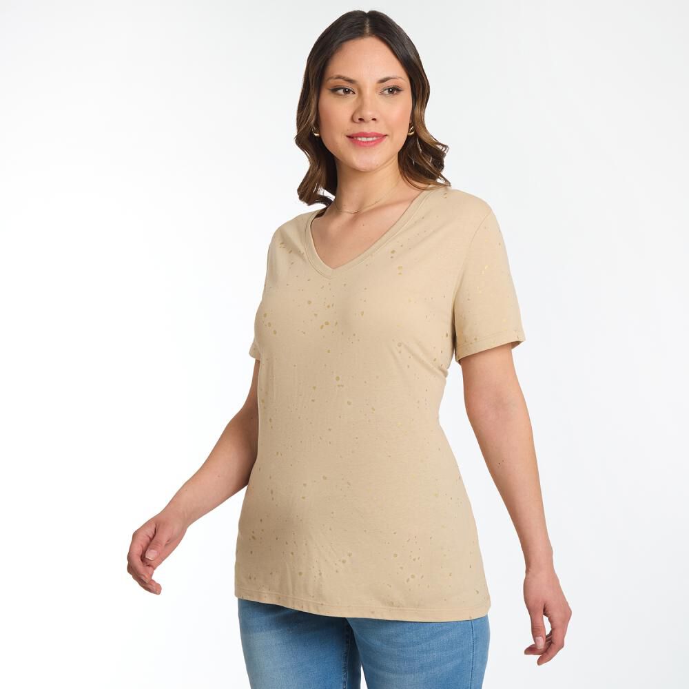 Polera Regular Aplicaci&oacute;n Folia Manga Corta Cuello V Mujer Sexy Large image number 2.0