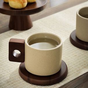 Taza De Cerámica Vintage Con Asa De Madera Natural 300ml