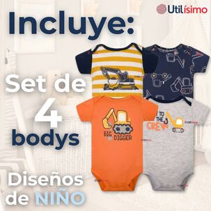 Pack 4 Bodys Niño Manga Corta Tedmimak 100% Algodón Baby Builders In Action