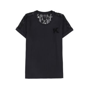 Polera Lisa Aplicación Lace Manga Corta Cuello Redondo Mujer Kimera
