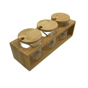 Set 3 Frascos Para Condimentos Vidrio Tapa Bambu Con Soporte