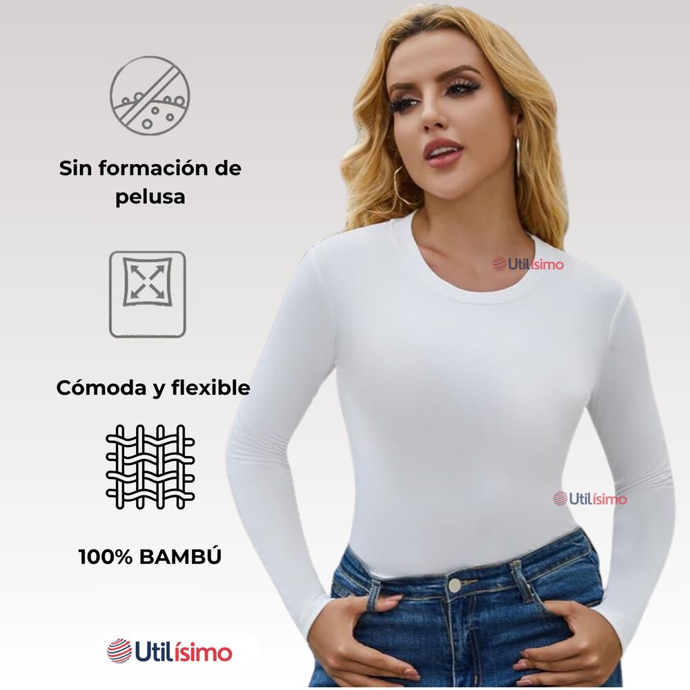 Camisetas Manga Larga Bamb&uacute; Mujer Primera Capa Blanco Negro image number 5.0