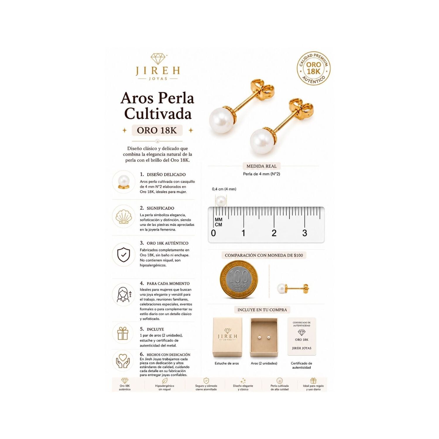 Aros Perla Cultivada Casquillo 4mm N2 Oro 18k 0.90gr Mujer Dorado image number 2.0