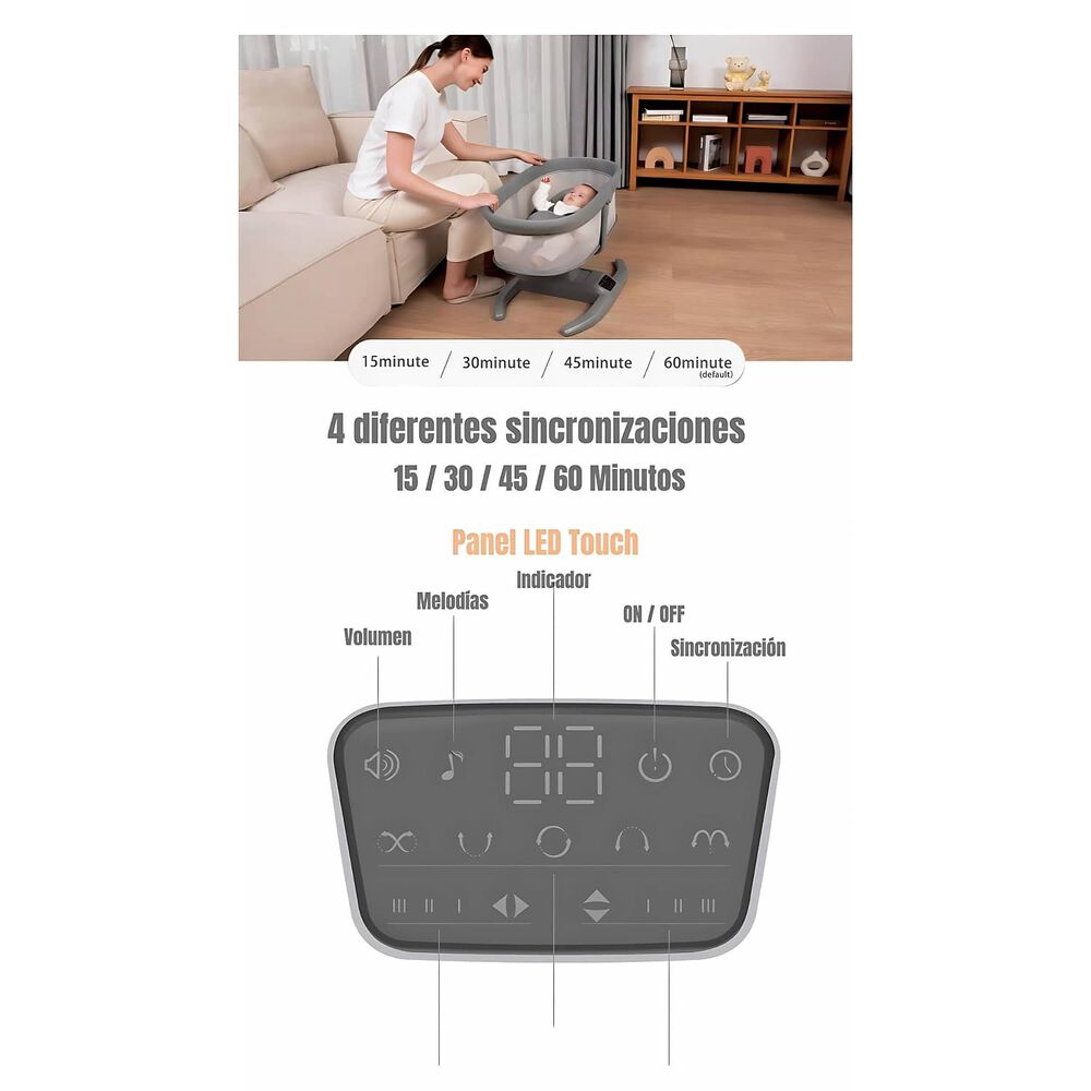 Cuna Mecedora El&eacute;ctrica 2 En 1 Mastela Gris Lubabycas image number 4.0