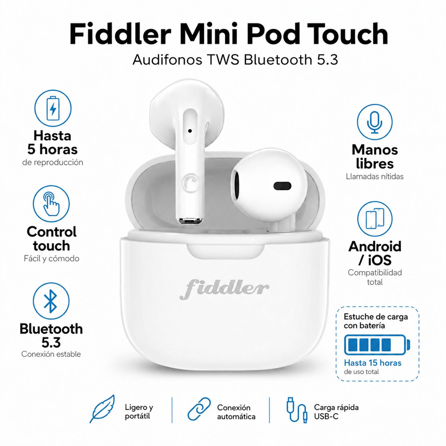 Aud&iacute;fonos Fiddler Minipod Bluetooth Touch Autonom&iacute;a De 5hrs image number 6.0