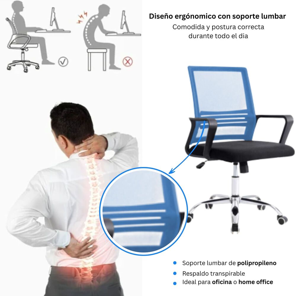Silla De Oficina Ergon&oacute;mica Santiago Con Altura Ajustable Y Soporte Lumbar image number 4.0