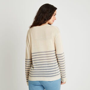Sweater Cuello En V Con Lurex Y Diseño De Rayas Crudo