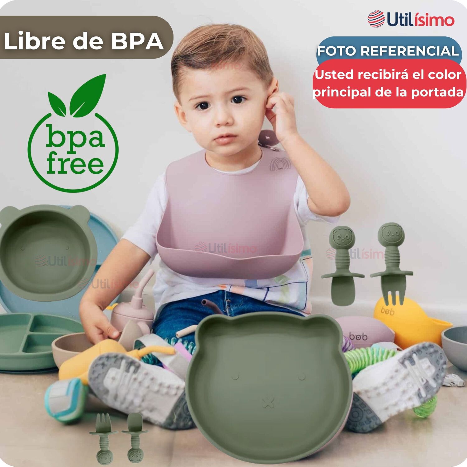Set De Alimentaci&oacute;n Beb&eacute; Silicona 5 Piezas De Osito Libre Bpa Color Verde image number 4.0