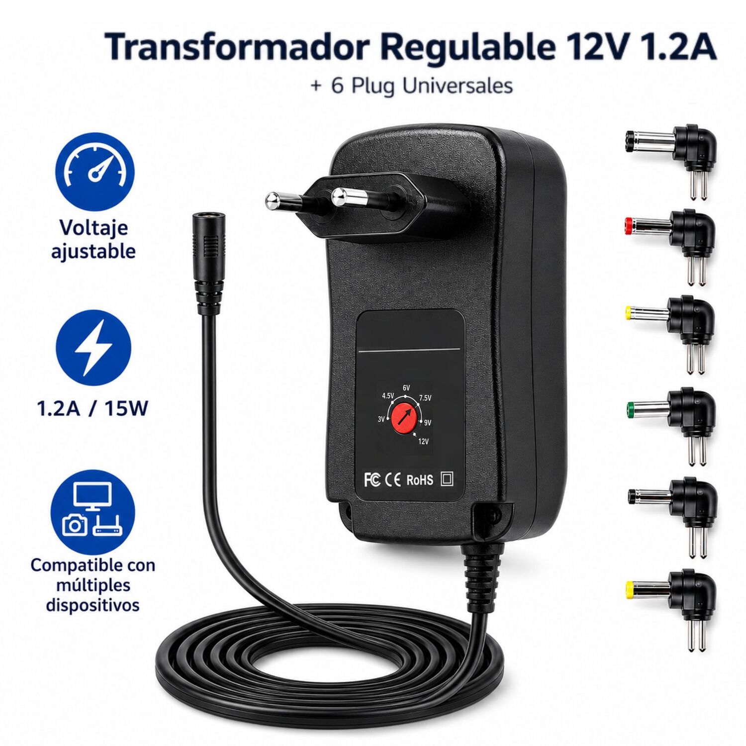 Transformador 12v Regulables 1.2a / 15w + 6 Plug Universales image number 2.0