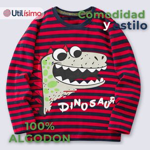 Polera Manga Larga Ni&ntilde;o 100% Algod&oacute;n Dinosaurio Rojo Camiseta