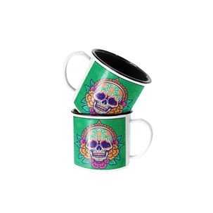 Taza Enlozada Catrina Esqueleto Verde Flores Esqueleto