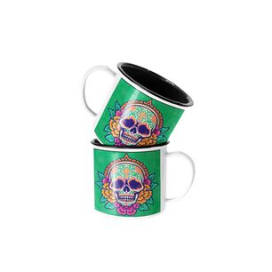Taza Enlozada Catrina Esqueleto Verde Flores Esqueleto