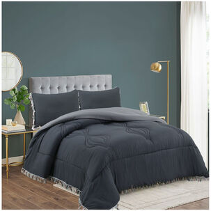 Juego De Plum&oacute;n De 3 Piezas Vintage Con Flecos - 2 Plazas Plomo