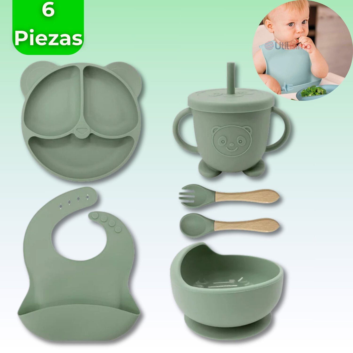 Set De Alimentaci&oacute;n Beb&eacute; Silicona De Oso 6 Piezas Libre Bpa Color Verde image number 0.0