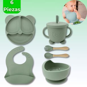 Set De Alimentaci&oacute;n Beb&eacute; Silicona De Oso 6 Piezas Libre Bpa Color Verde