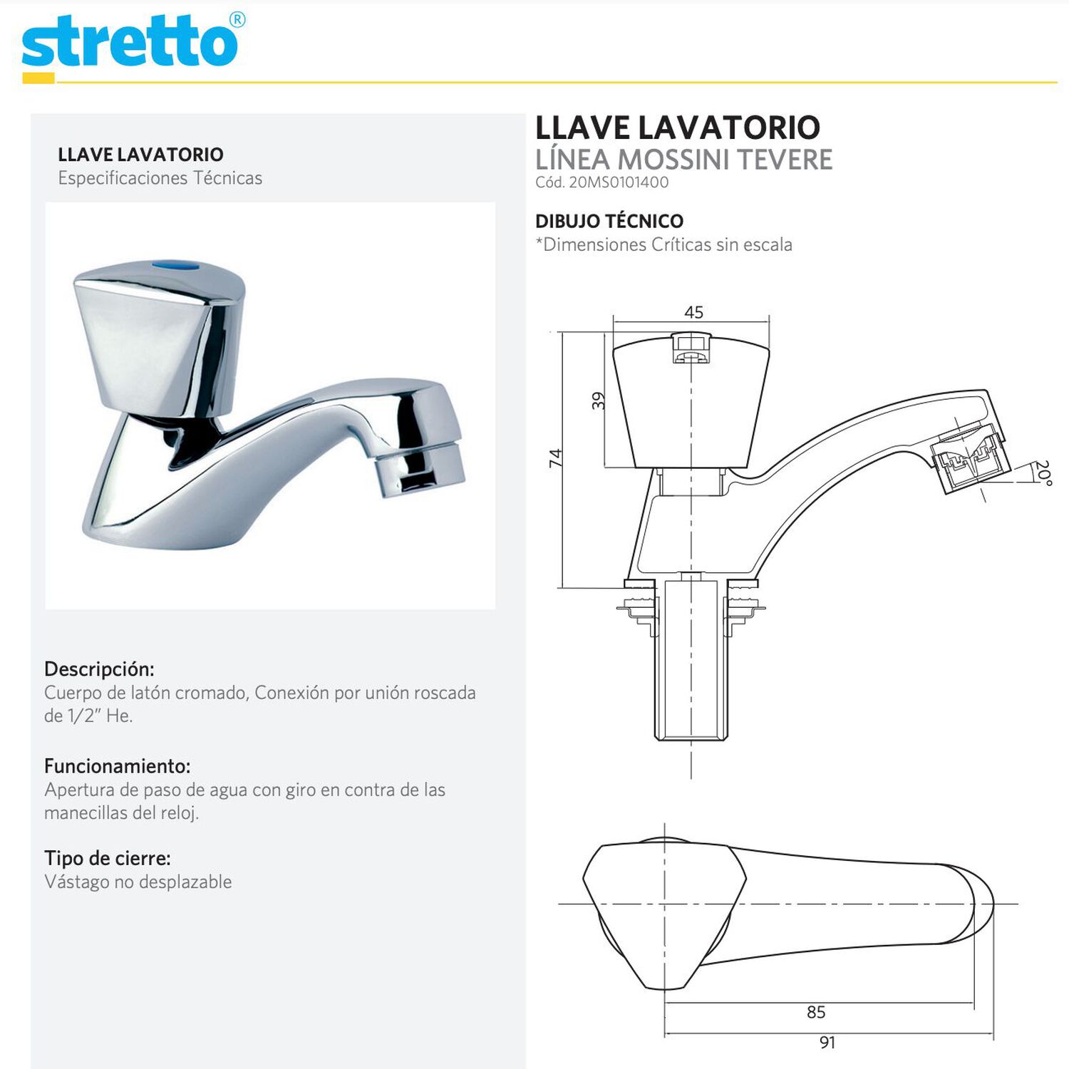 Llave Grifo Para Lavatorio Modelo Mossini Tevere Marca Stretto image number 5.0