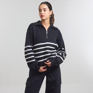Sweater Regular Manga Larga Cuello Camisero Con Cierre Listado Mujer Freedom