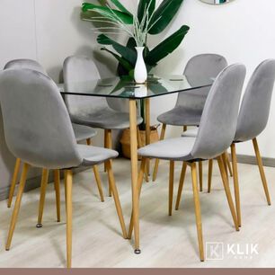 Comedor Mesa De Vidrio 120x80 + 6 Sillas Spoon Terciopelo Gris