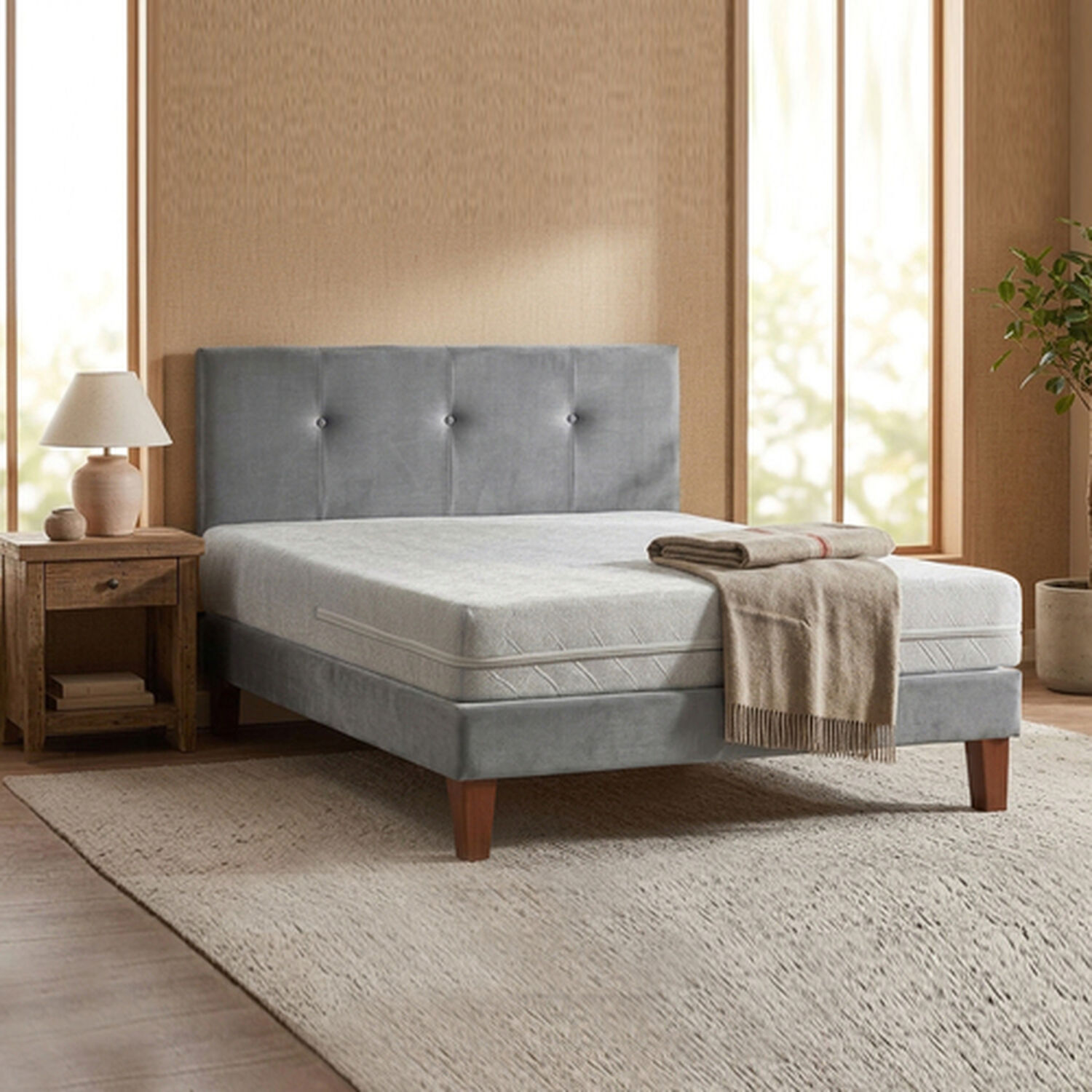 Cama Europea Zen Best 1.5 Plazascolchon Espuma Con Funda Velvet Gris + Respaldo image number 0.0