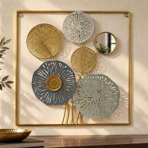 Cuadro Decorativo Met&aacute;lico Floral Con Espejo 45x45 Cm Dise&ntilde;o Calado Dorado Y Azul