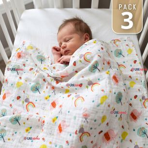 Pack 3 Mantas Muselina 70x 70 Cm Beb&eacute; Ni&ntilde;o Multiuso 100% Algod&oacute;n Colores Surtidos