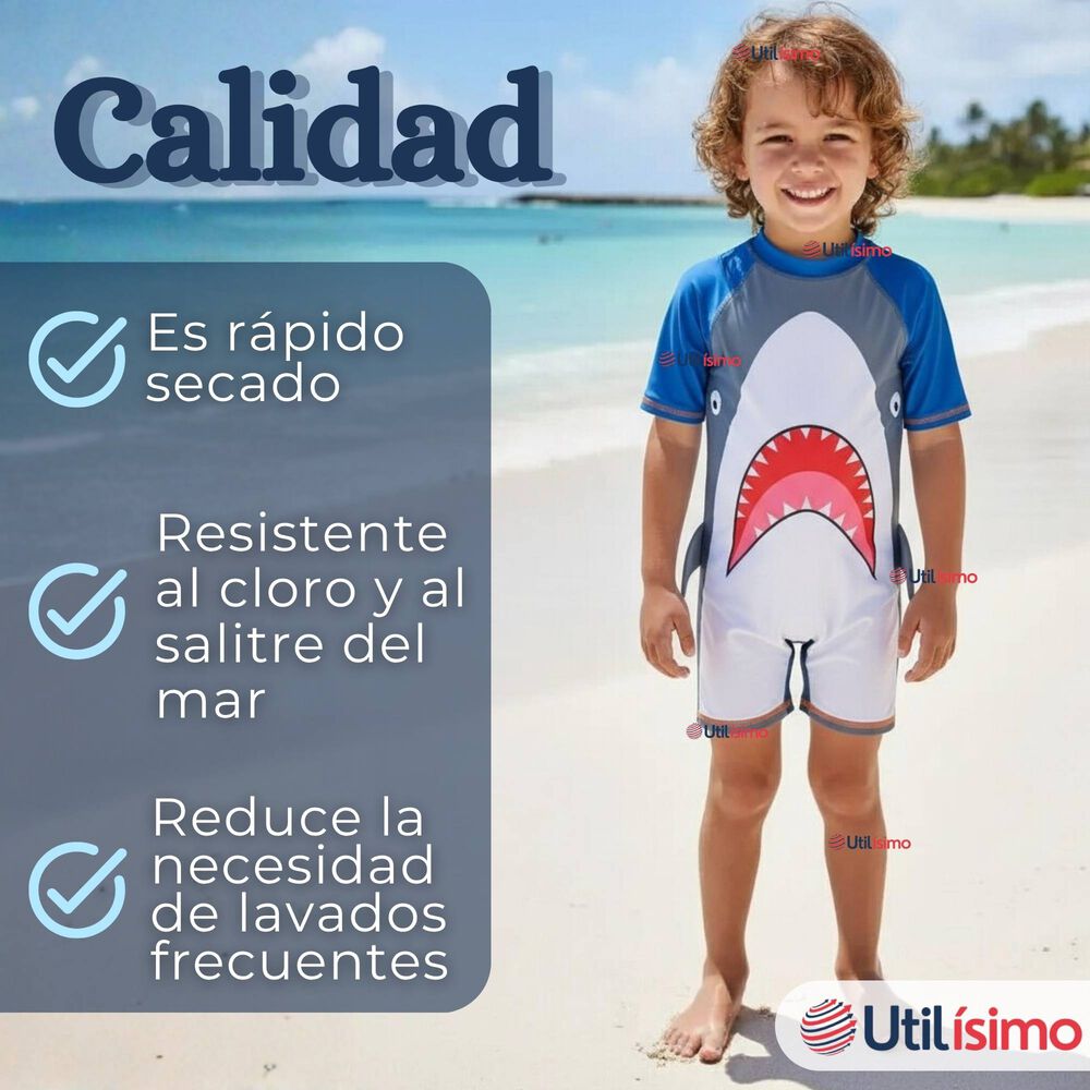 Traje De Ba&ntilde;o Enterito Con Cremallera Manga Corta Ni&ntilde;o 2 A 6 A&ntilde;os Gray Shark image number 6.0