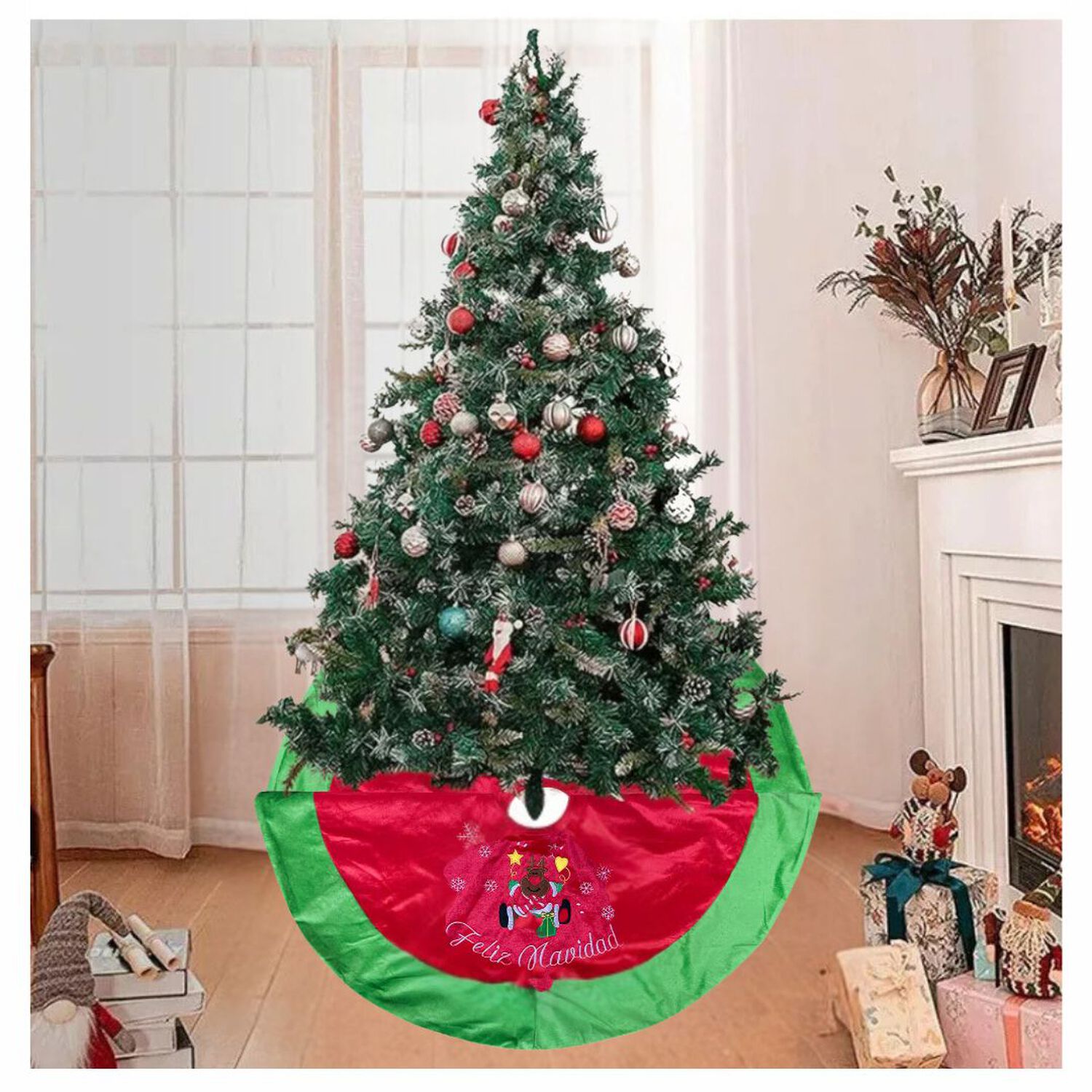 Fald&oacute;n Pie De &Aacute;rbol Navidad 90 Cm Di&aacute;metro Estampado Rojo Y Verde image number 2.0