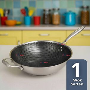Sartén Wok Acero Inoxidable Antiadherente Para Saltear Freír 34cm