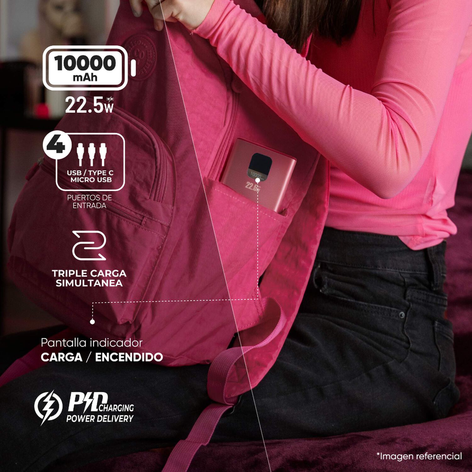 Bater&iacute;a Externa Power Bank 10000 Mah 22.5w Ucp10ppd Rosada image number 2.0