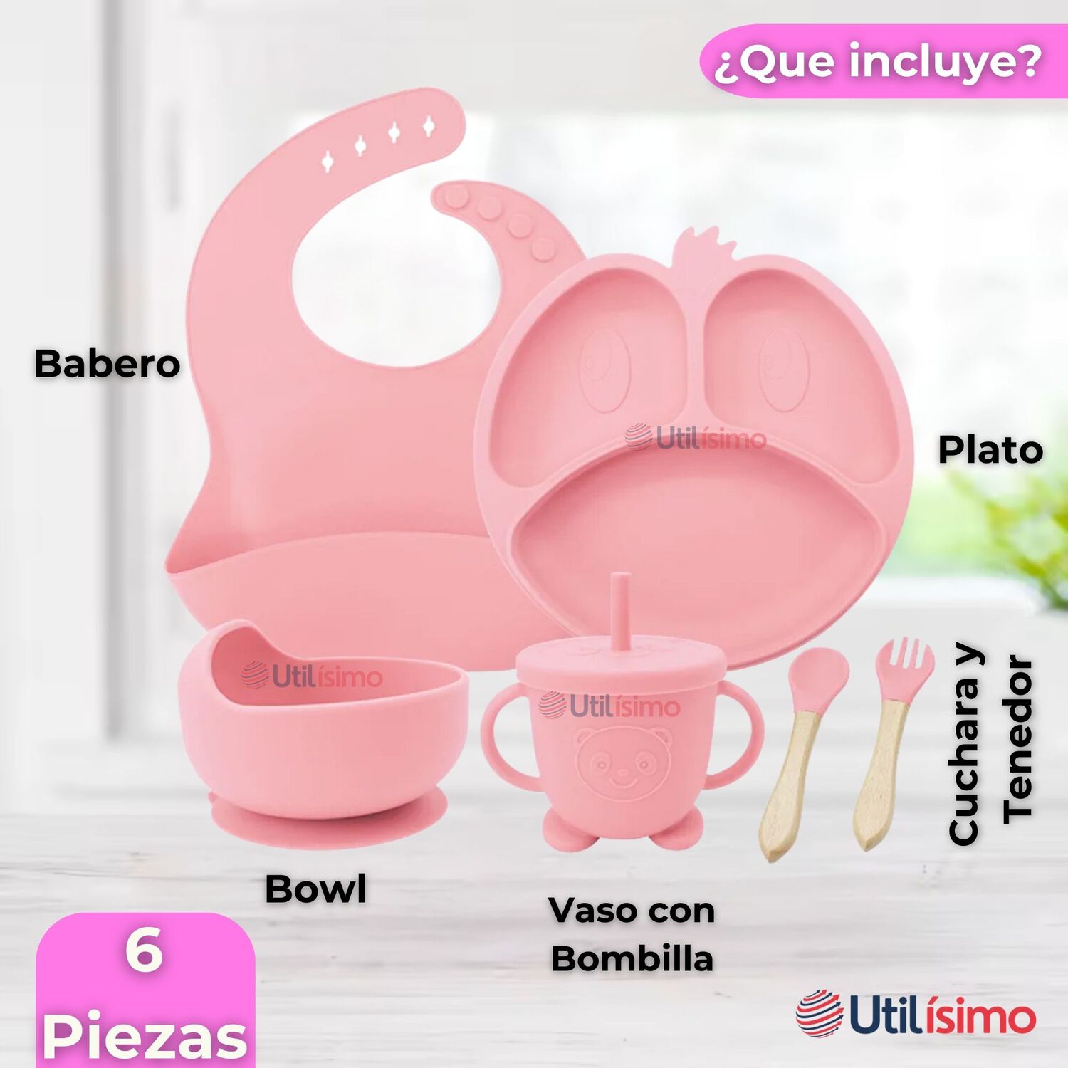 Set De Alimentaci&oacute;n Beb&eacute; Silicona De Formas 6 Piezas Libre Bpa Rosa Claro image number 6.0