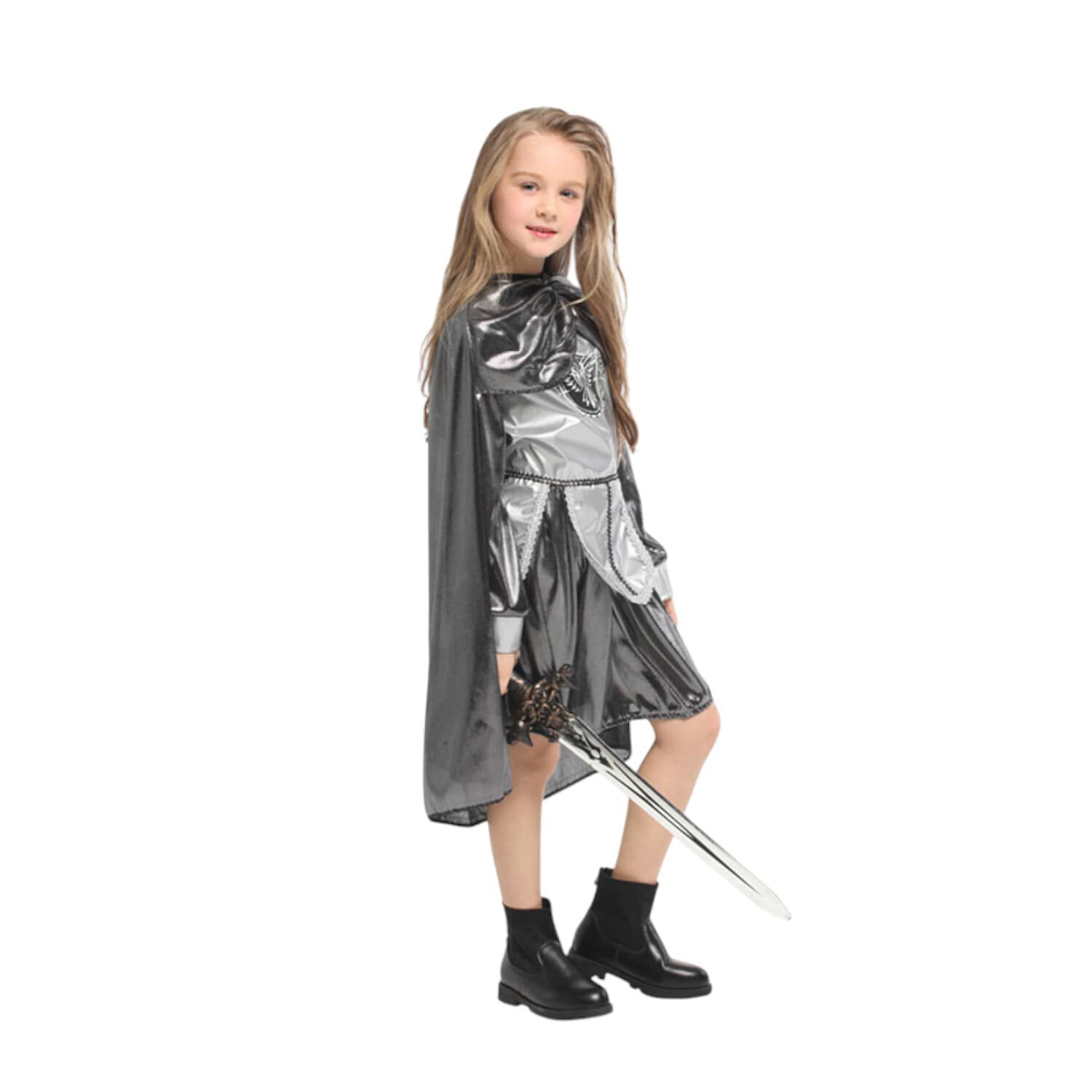 Disfraz Medieval De Guerrera Para Ni&ntilde;a Chile - Traje Plateado Con Capa Ideal Para Fiesta Y Halloween Nacional image number 1.0