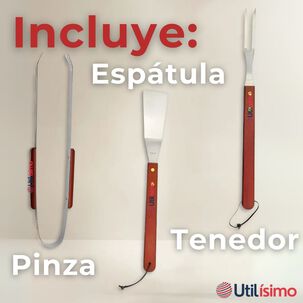 Kit Parrillero 3 Piezas Pinza Esp&aacute;tula Tenedor Para Asados Mango Madera Acero Inoxidable