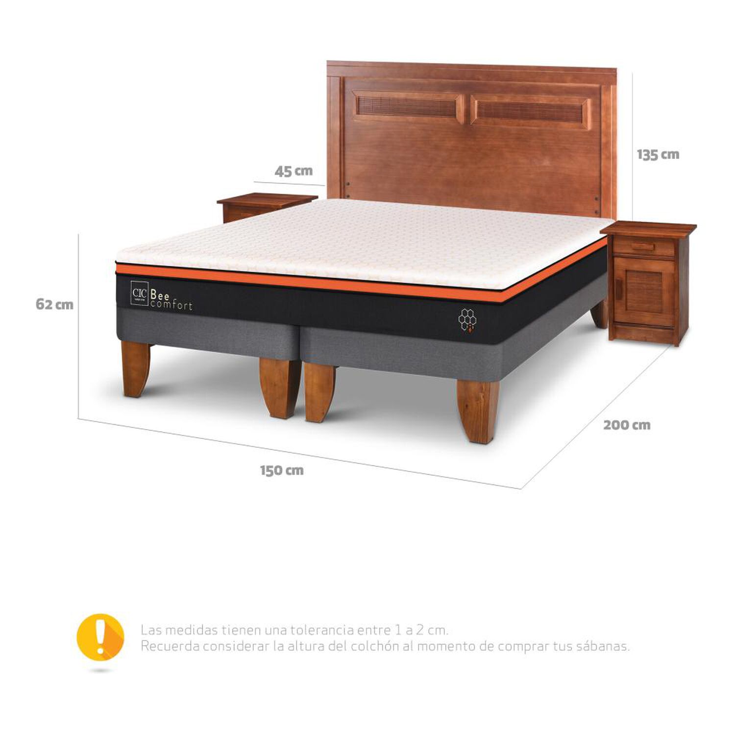 Cama Europea Cic Bee Comfort / 2 Plazas / Base Dividida + Set De Maderas image number 2.0