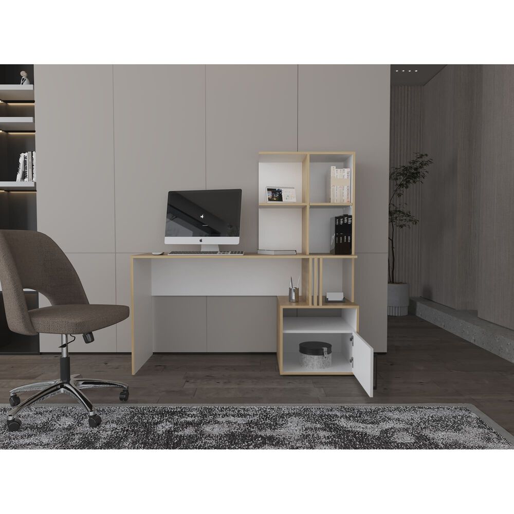 Escritorio Con Biblioteca Incorporada 1 Puerta 140 Cm Blanco Y Caf&eacute; Claro image number 5.0