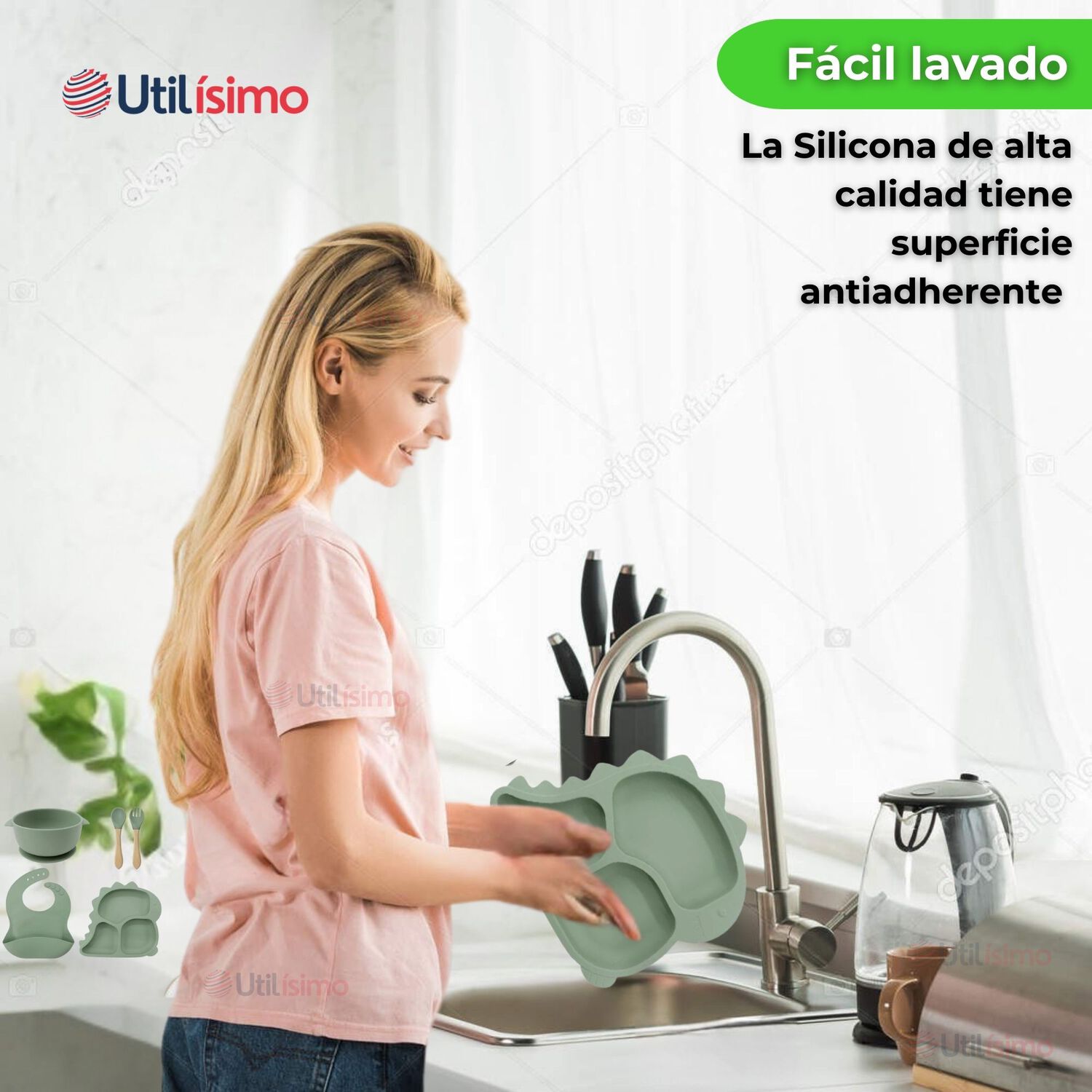 Set Alimentaci&oacute;n Silicona Beb&eacute; 5 Piezas Dinosaurio Libre Bpa Color Verde image number 5.0