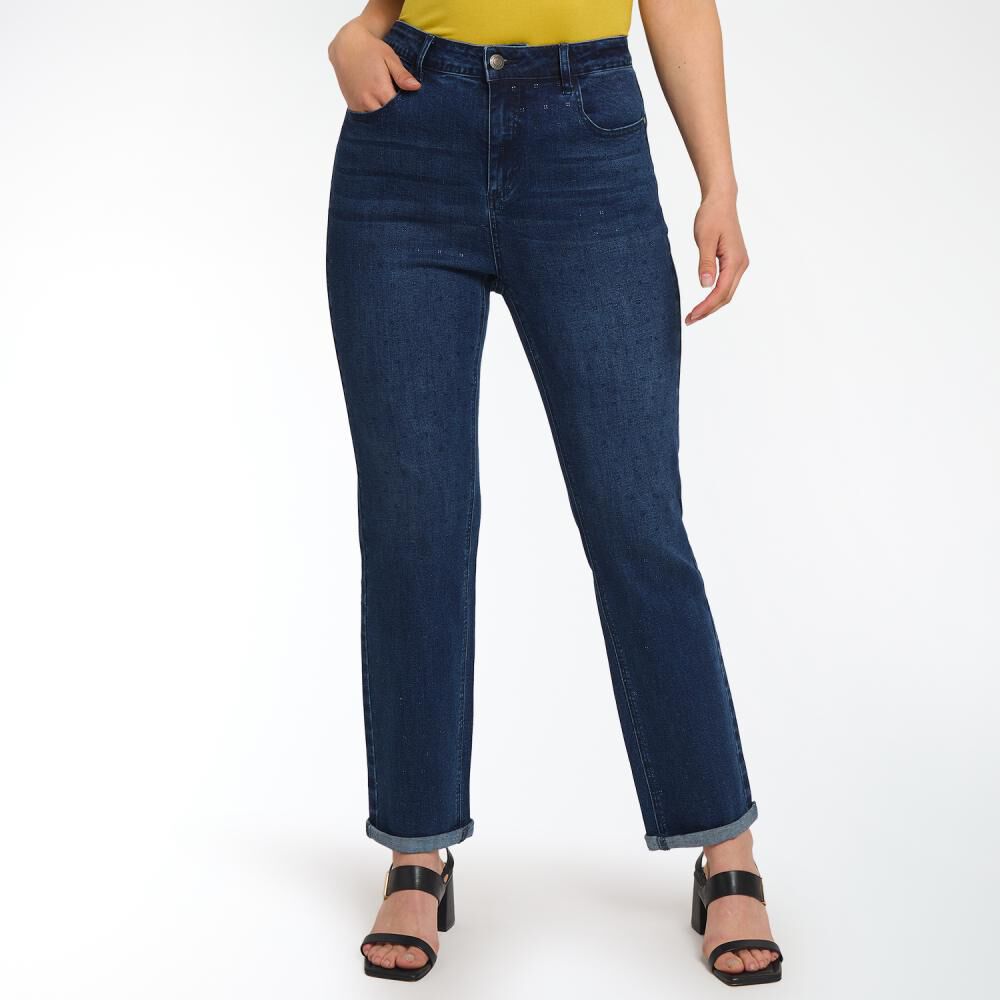 Jeans Con Dobladillo Y Aplicación Strass Delantero Tiro Medio Regular Mujer Sexy Large image number 0.0