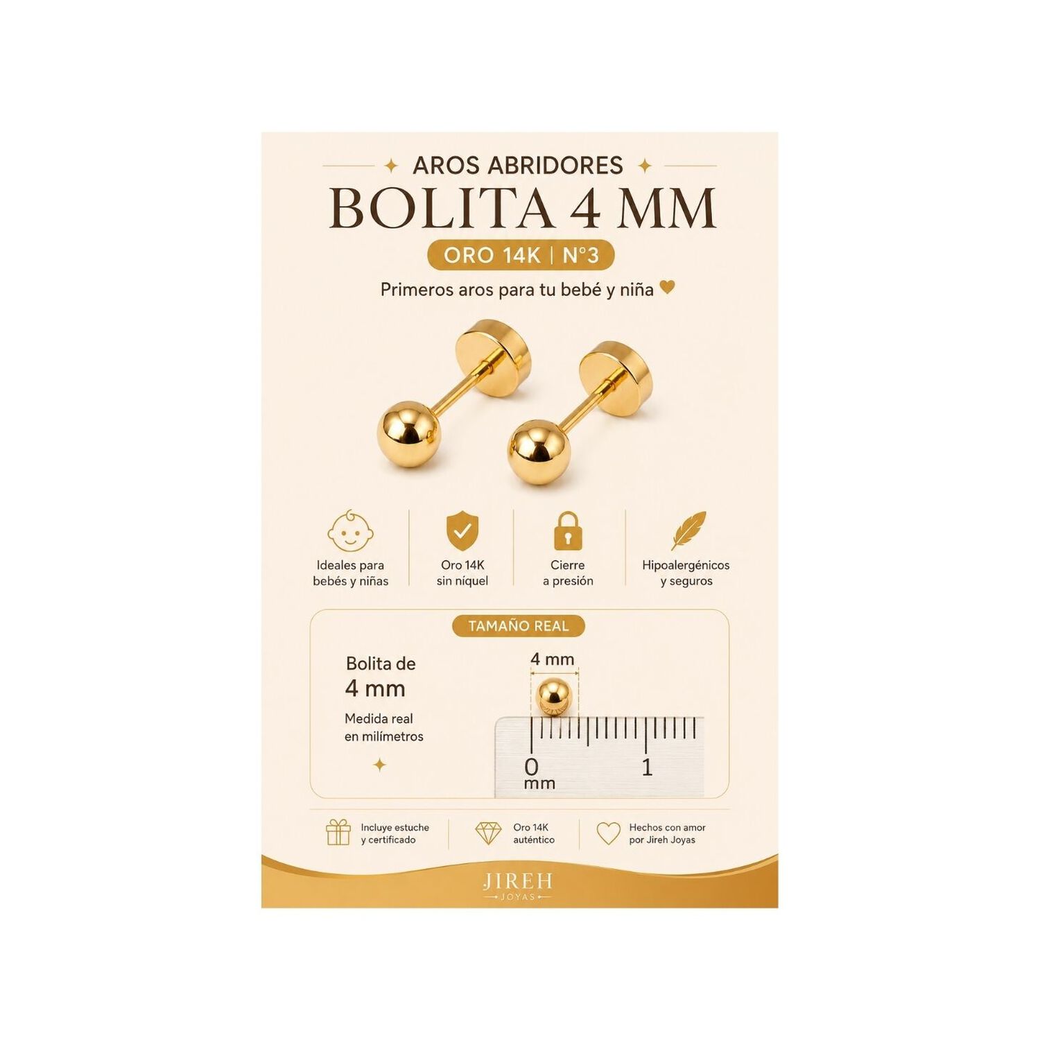 Aros Abridores Bolita 4mm N3 Oro 14k Beb&eacute; Ni&ntilde;a Hipoalerg&eacute;nic Dorado image number 4.0