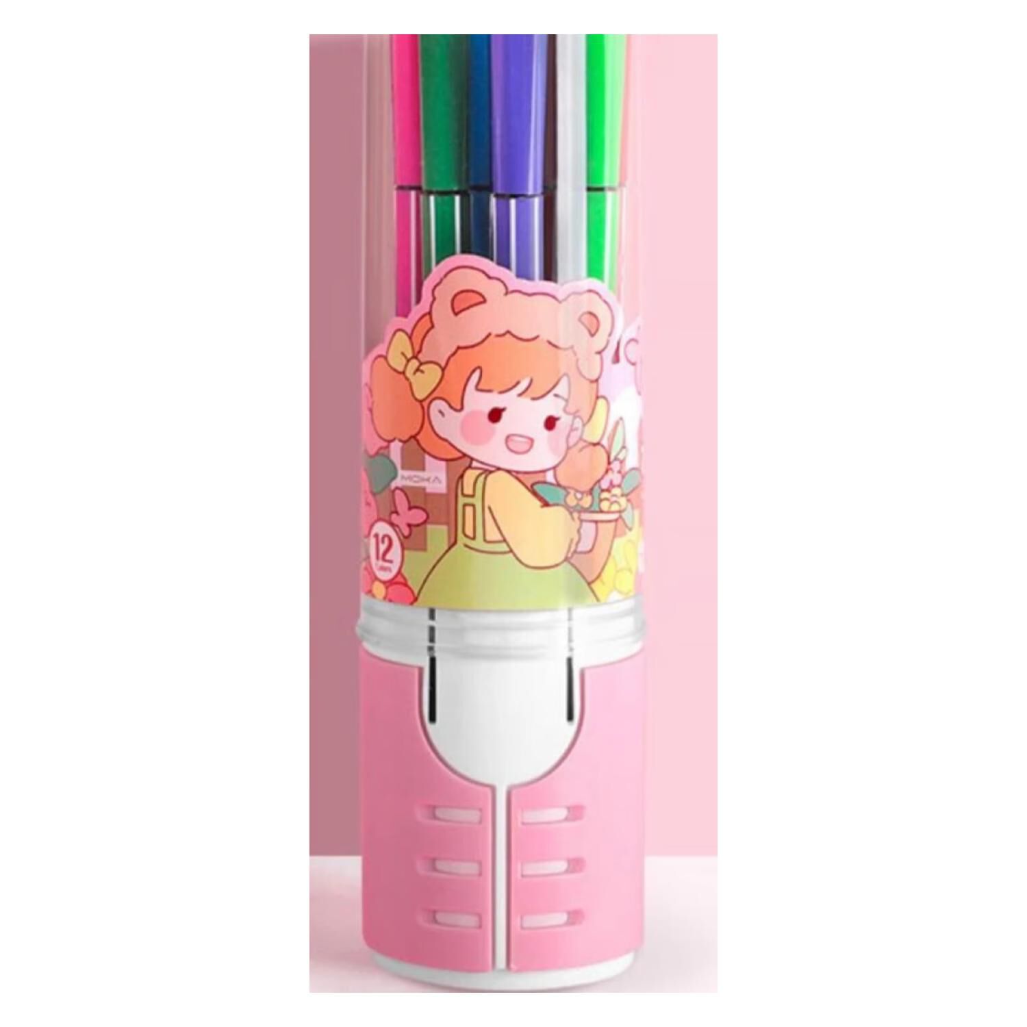 Pack 12 Lapices Boligrafos De Colores Rosado Mu&ntilde;eca Kawaii image number 0.0