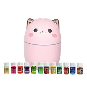 Pack Humidificador Dise&ntilde;o Gato Rosa + 12 Esencias Aromaticas