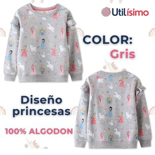 Poler&oacute;n Ni&ntilde;a Manga Larga 100% Algod&oacute;n Gris Princesas