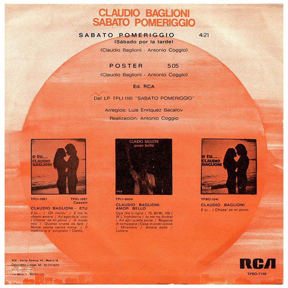 Claudio Baglioni - Sabato Pomeriggio | 7" Single Vinilo Usado image number 1.0