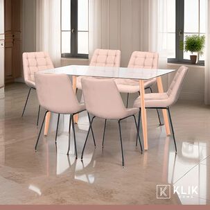 Comedor Mesa Vidrio Rectangular 120x80 + 6 Silla Macron Terciopelo - Beige