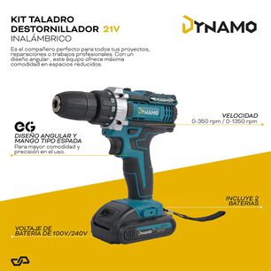 Kit Taladro Destornillador Inal&aacute;mbrico Dynamo 21v 2 Bater&iacute;as