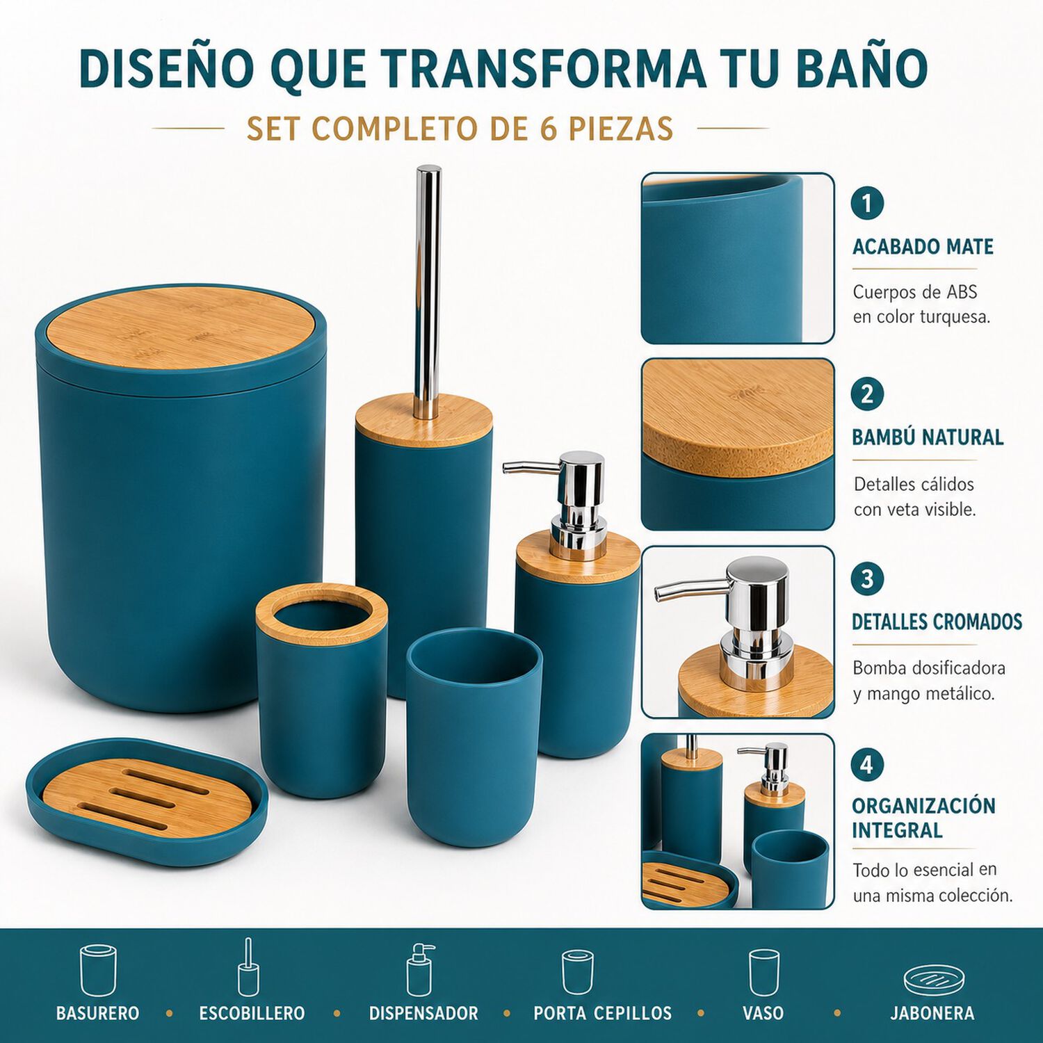 Set De Ba&ntilde;o Completo 6 Piezas De Abs Y Bambu Moderno Color Turquesa image number 0.0