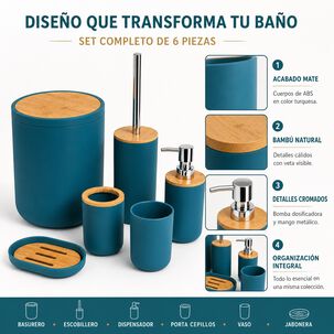 Set De Ba&ntilde;o Completo 6 Piezas De Abs Y Bambu Moderno Color Turquesa