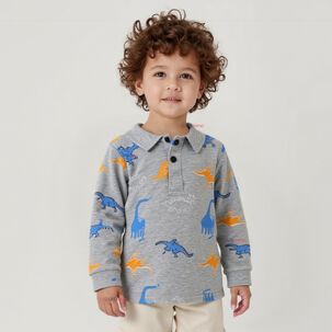 JUMP KIDS Polera Piqué Manga Larga Niño Con Estampado De Dinosaurios Gris