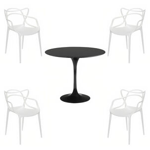 Comedor Tulip Negro 80cm - 4 Sillas Master Blancas