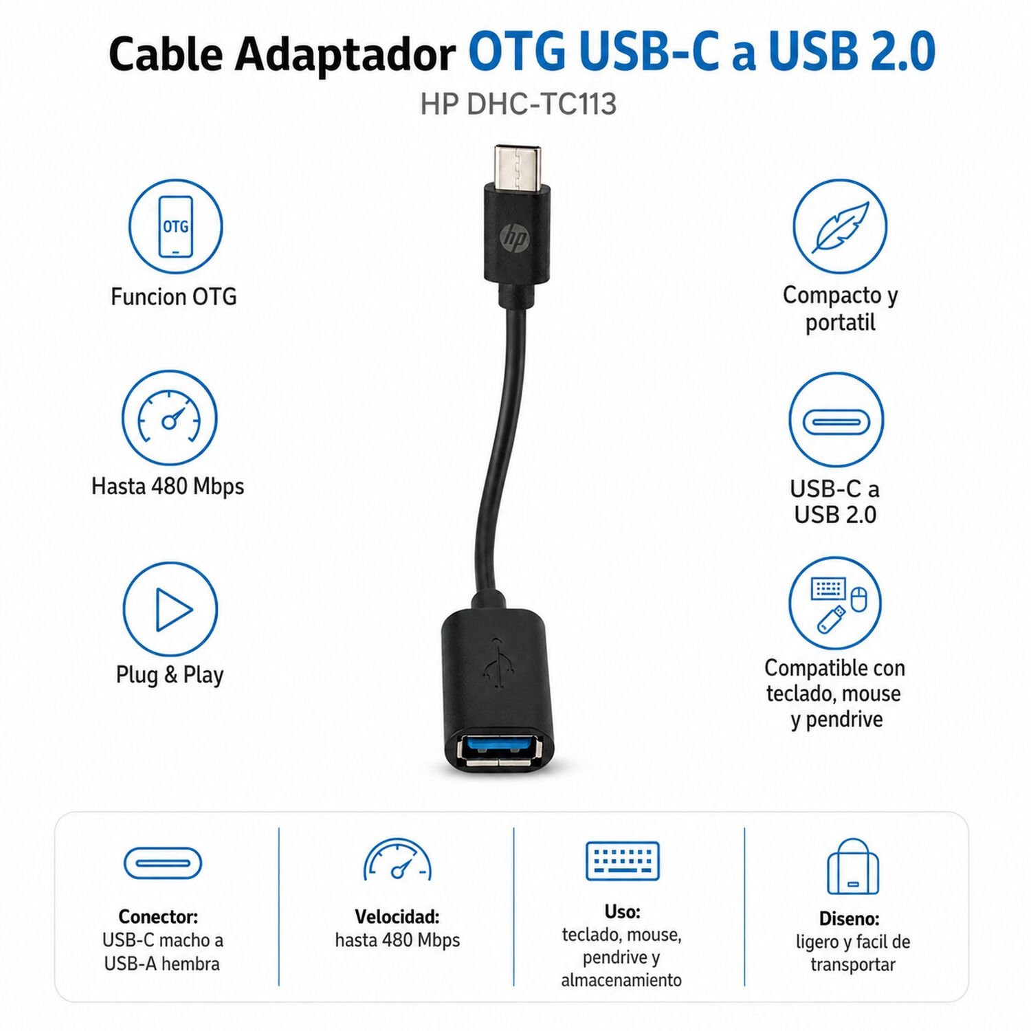 Cable Adaptador Otg Usb-c A Usb 2.0 Hp Dhc-tc113 image number 3.0